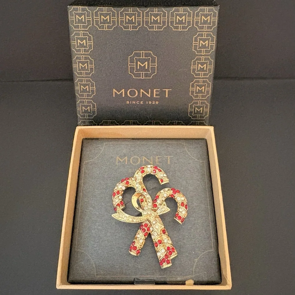 Monet Candy Cane Bow Brooch Christmas Pin Red Rhinestones Gold Tone w/ Box